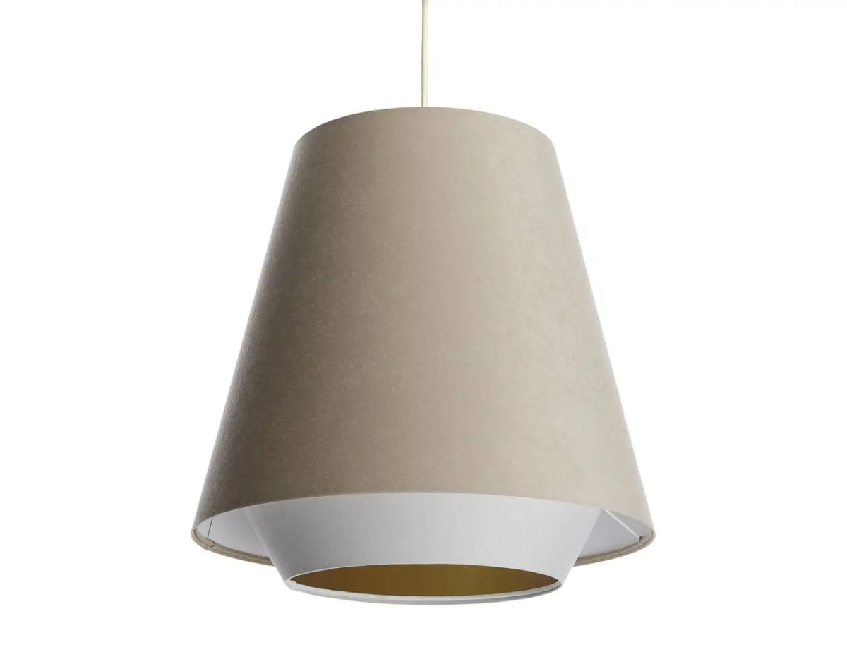 Suspension conique en tissu beige, blanc et doré