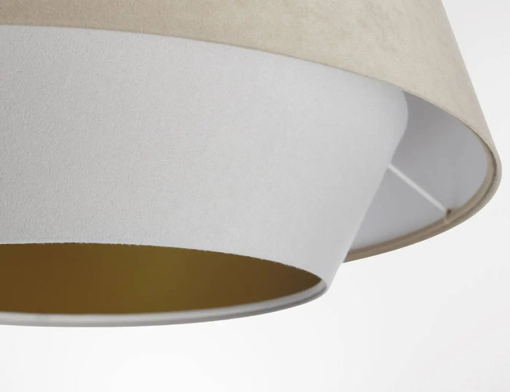 Suspension conique en tissu beige, blanc et doré