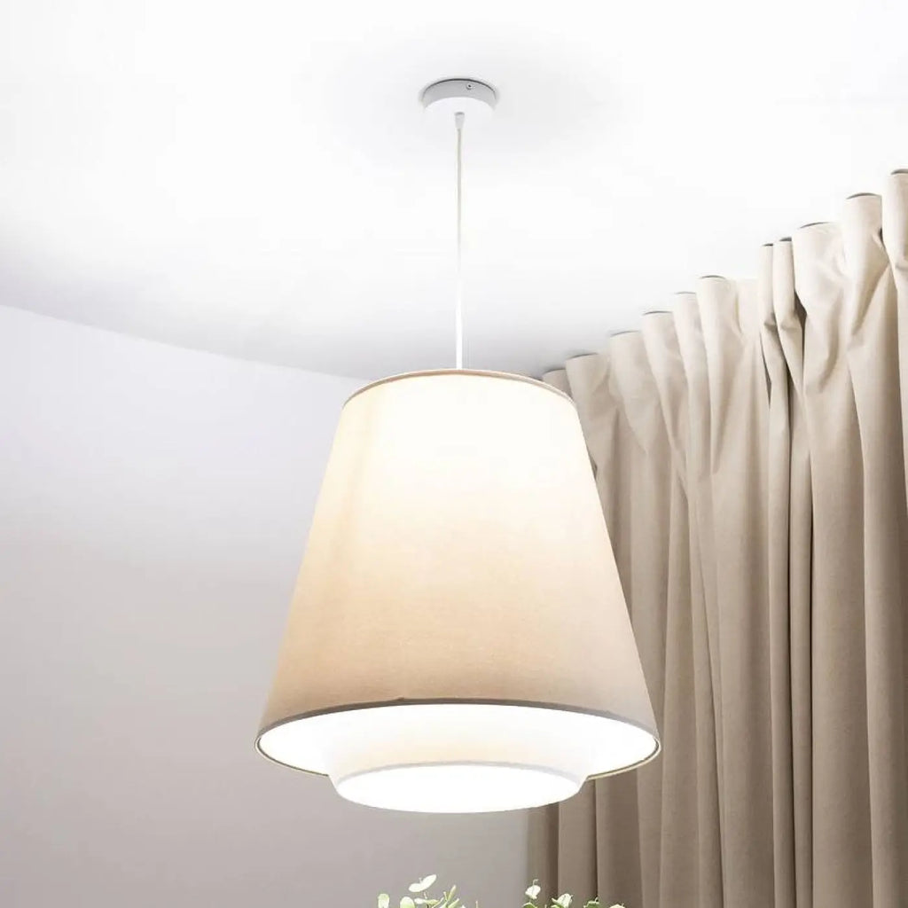 Suspension conique en tissu beige, blanc et doré