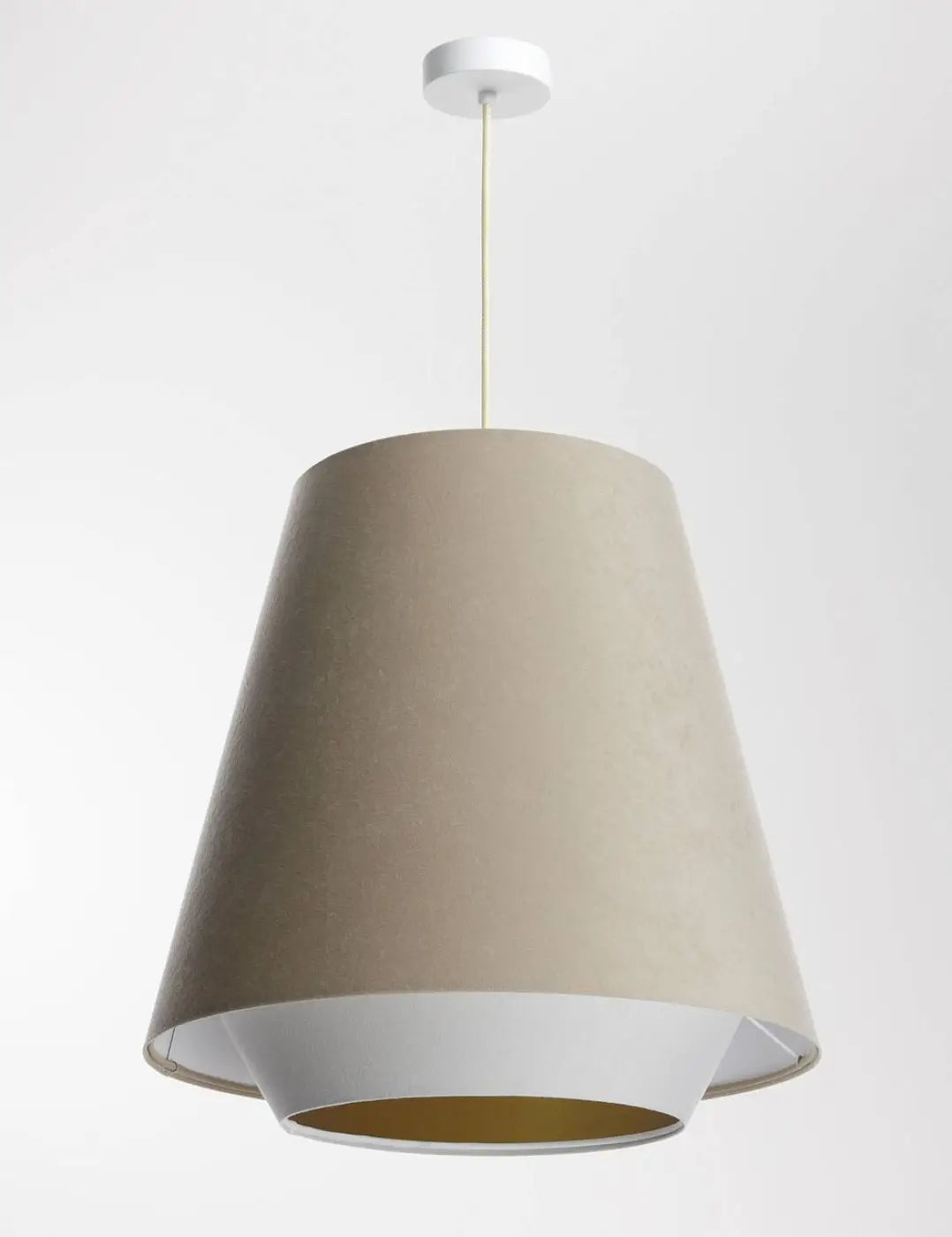 Suspension conique en tissu beige, blanc et doré