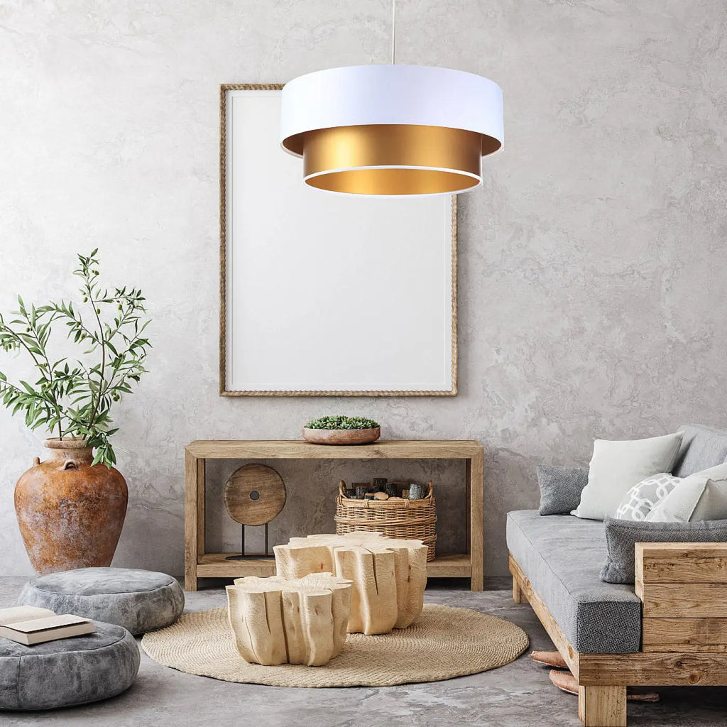 Suspension cylindre en tissu blanc, intérieur doré, 40 à 60 cm