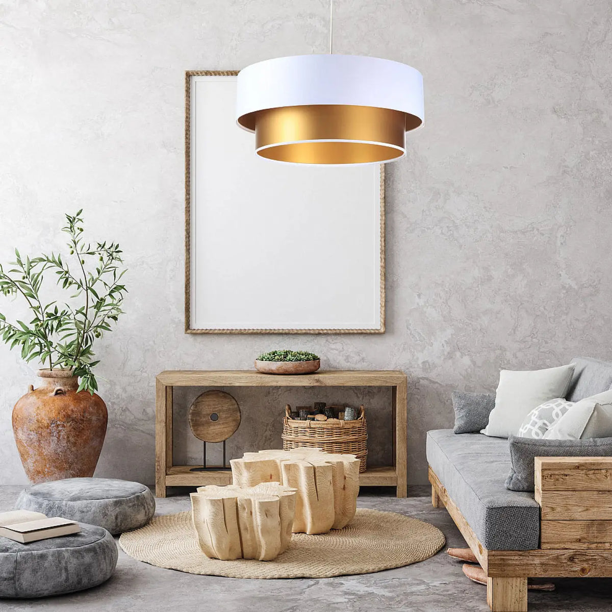 Suspension cylindre en tissu blanc, intérieur doré, 40 à 60 cm