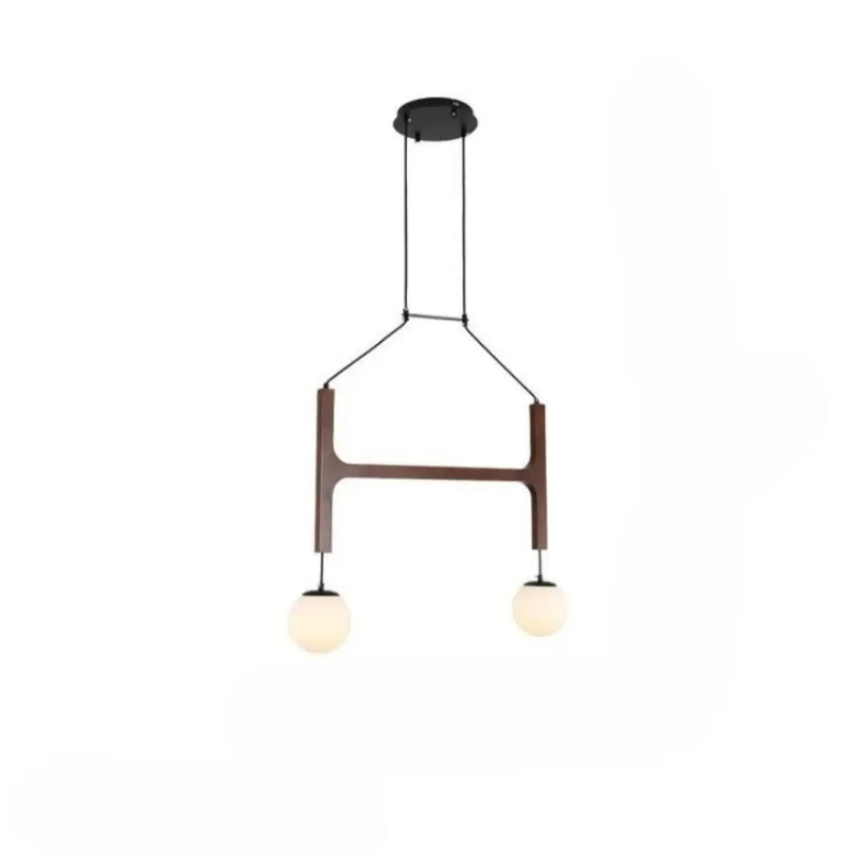 Suspension en bois à boules de verre opalin, trois tailles, marron