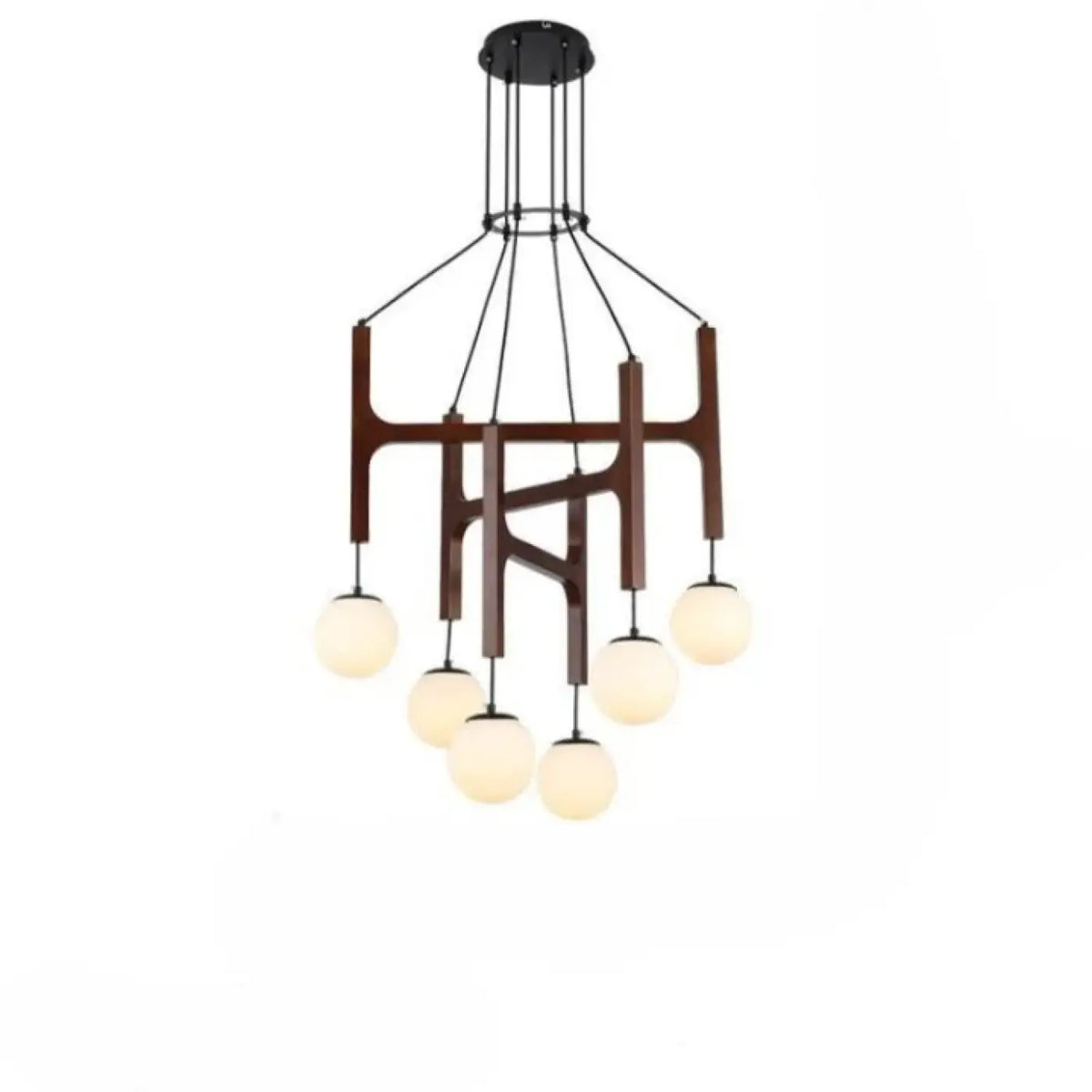 Suspension en bois à boules de verre opalin, trois tailles, marron