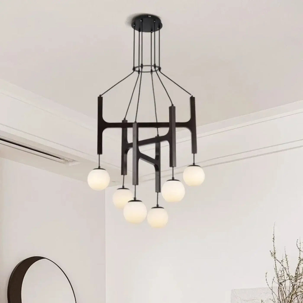 Suspension en bois à boules de verre opalin, trois tailles
