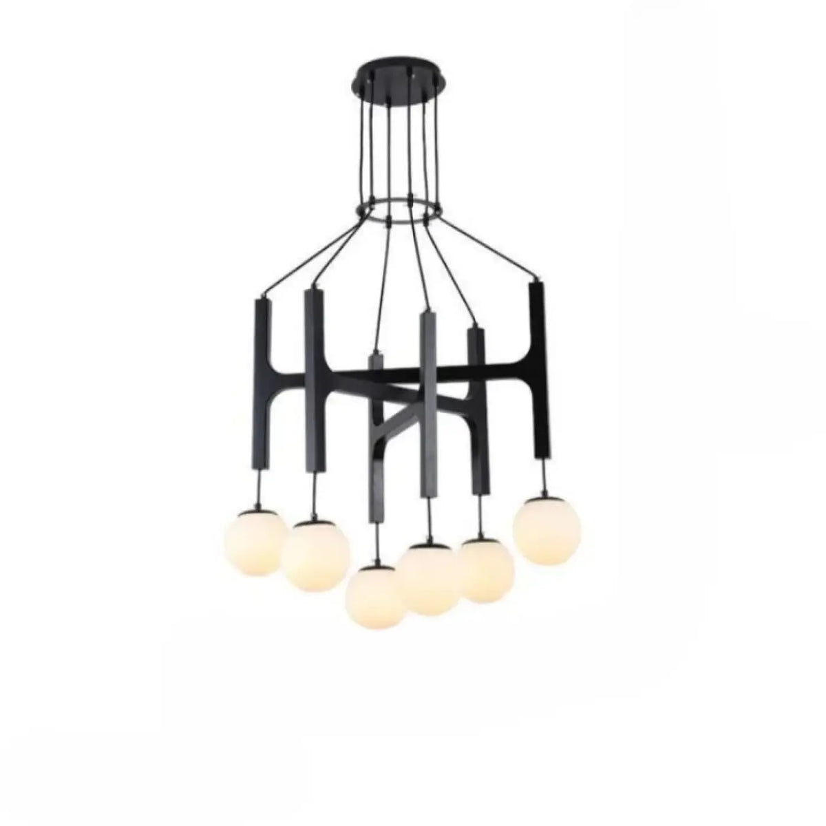 Suspension en bois à boules de verre opalin, trois tailles, noir