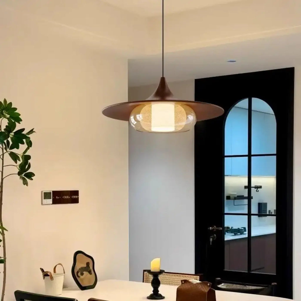 Suspension à abat-jour métal effet cuivre et diffuseur en verre