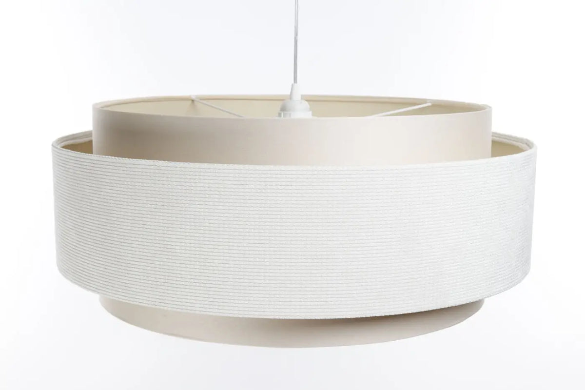 Suspension en tissu crème, lumière douce et ligne moderne