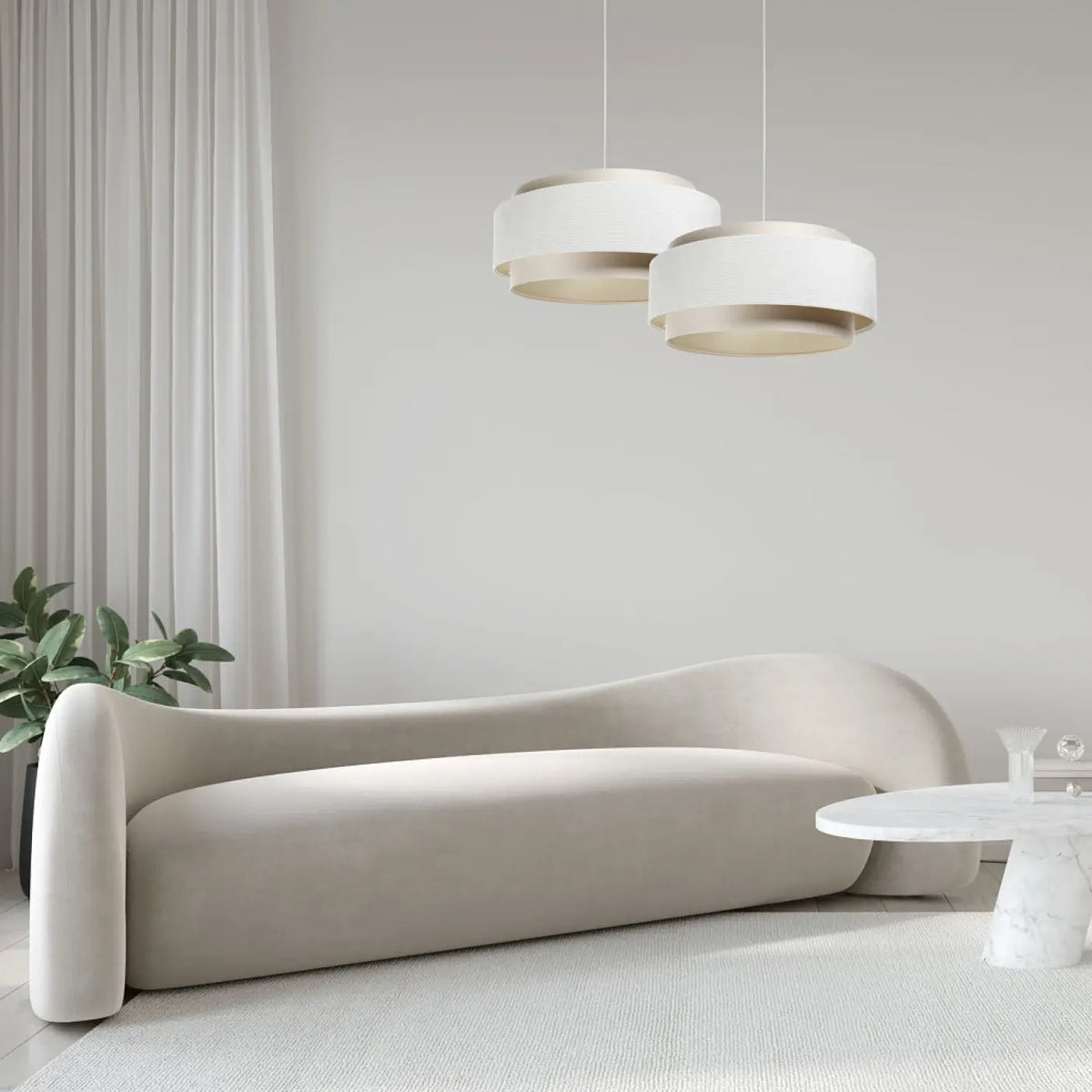 Suspension en tissu crème, lumière douce et ligne moderne