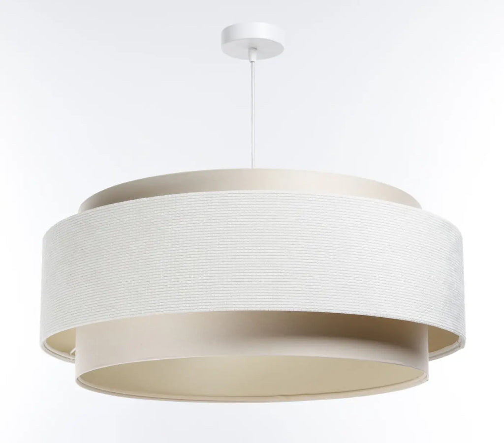 Suspension en tissu crème, lumière douce et ligne moderne