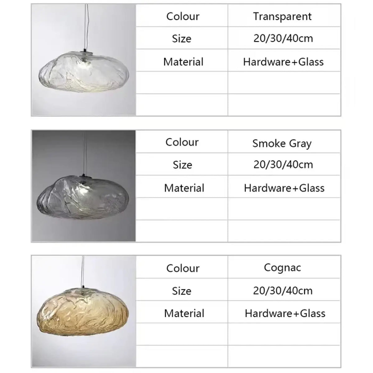 Suspension galet en verre texturé, trois tailles, trois teintes