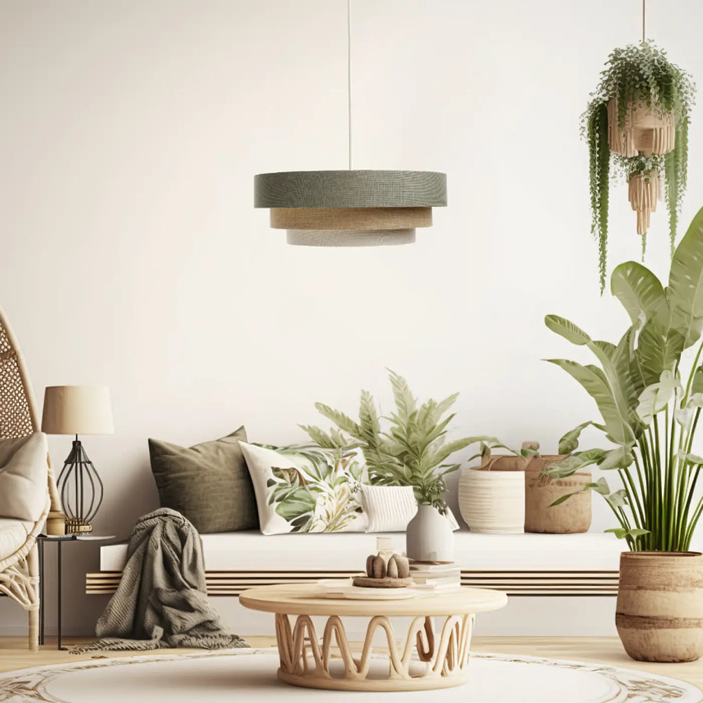 Suspension luminaire vert gris, crème et beige, style moderne
