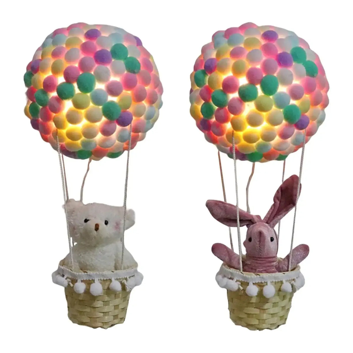 Suspension montgolfière pastel à pompons, ours ou lapin