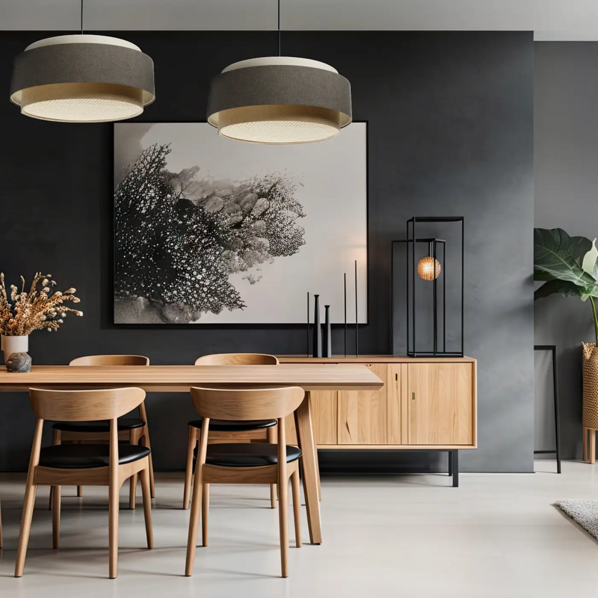 Suspension luminaire beige, graphite et écru, style moderne