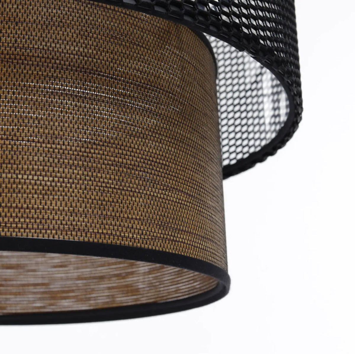 Suspension double cylindre, tissu effet bois et maille noire ajourée