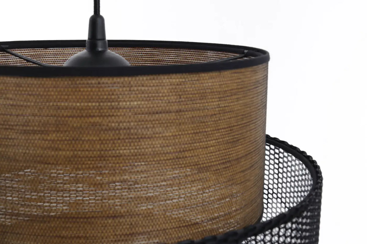 Suspension double cylindre, tissu effet bois et maille noire ajourée