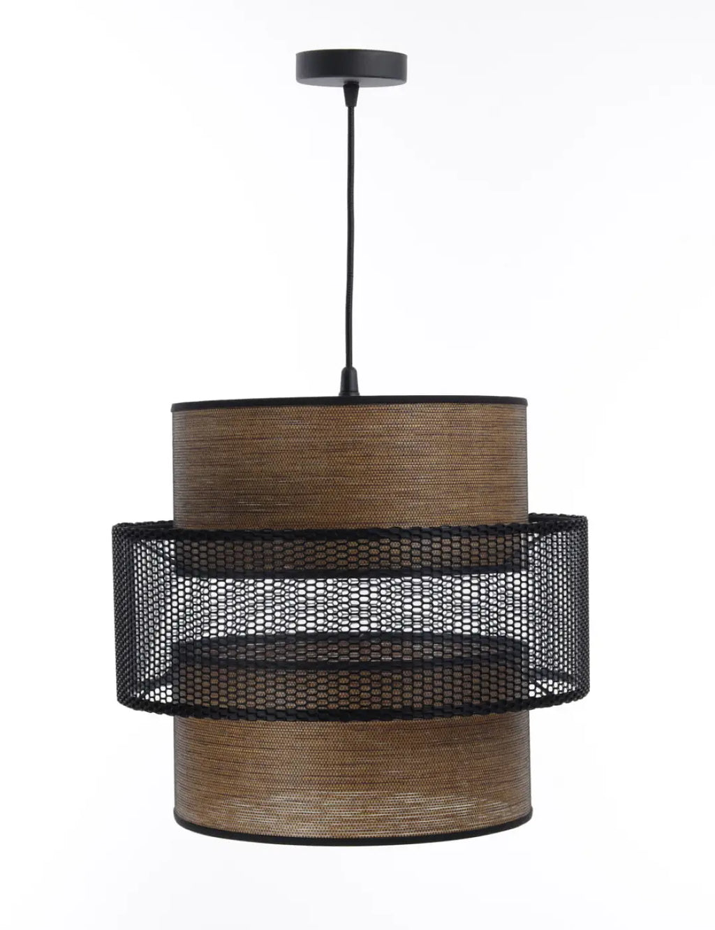 Suspension double cylindre, tissu effet bois et maille noire ajourée