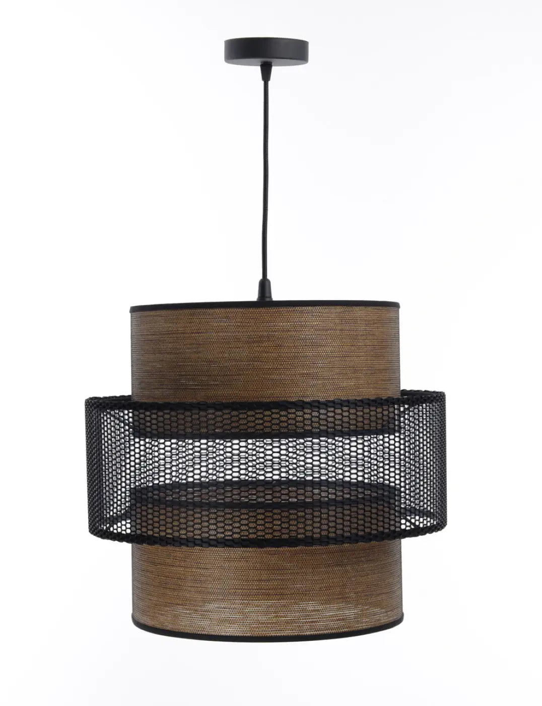 Suspension double cylindre, tissu effet bois et maille noire ajourée