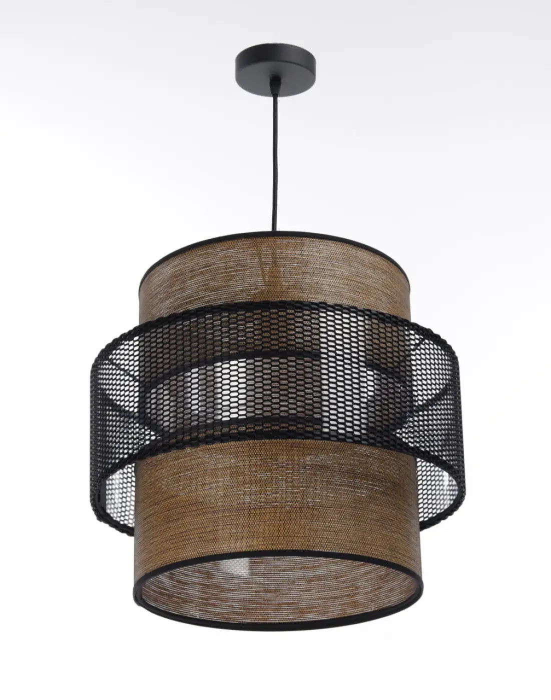 Suspension double cylindre, tissu effet bois et maille noire ajourée