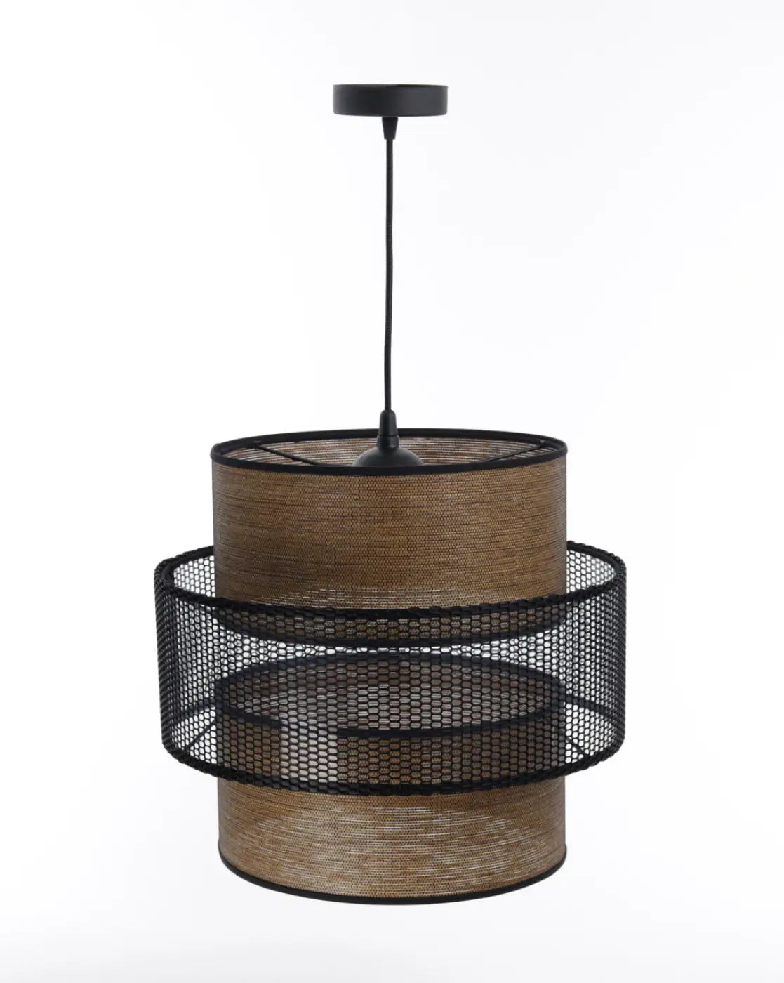 Suspension double cylindre, tissu effet bois et maille noire ajourée