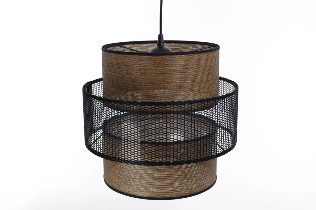 Suspension double cylindre, tissu effet bois et maille noire ajourée