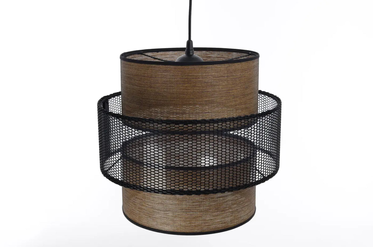 Suspension double cylindre, tissu effet bois et maille noire ajourée