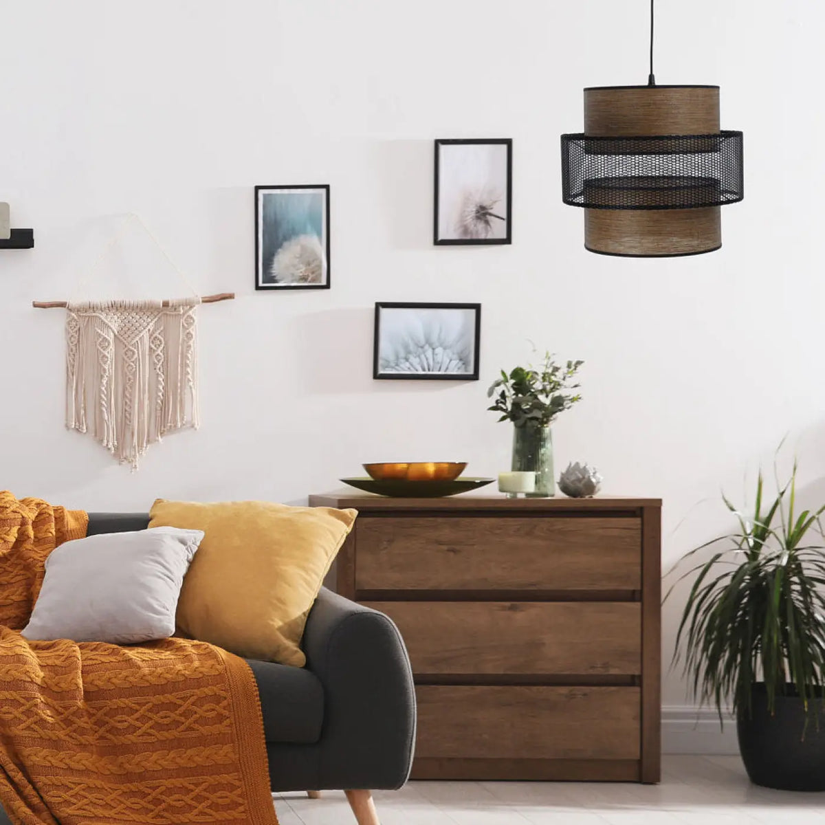 Suspension double cylindre, tissu effet bois et maille noire ajourée