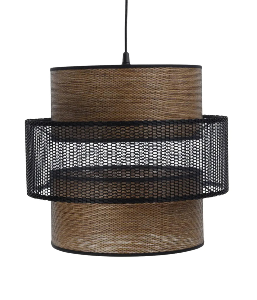 Suspension double cylindre, tissu effet bois et maille noire ajourée