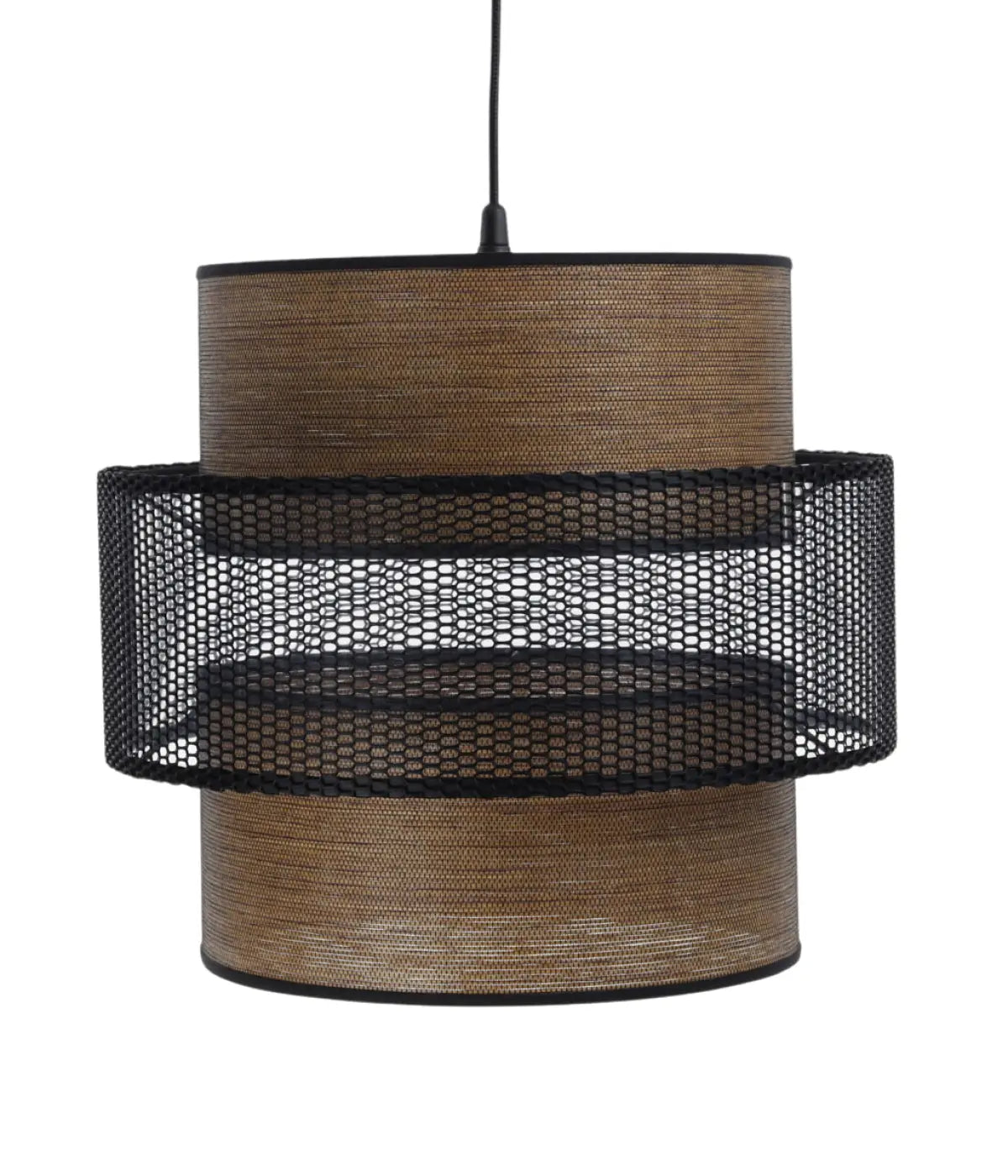 Suspension double cylindre, tissu effet bois et maille noire ajourée