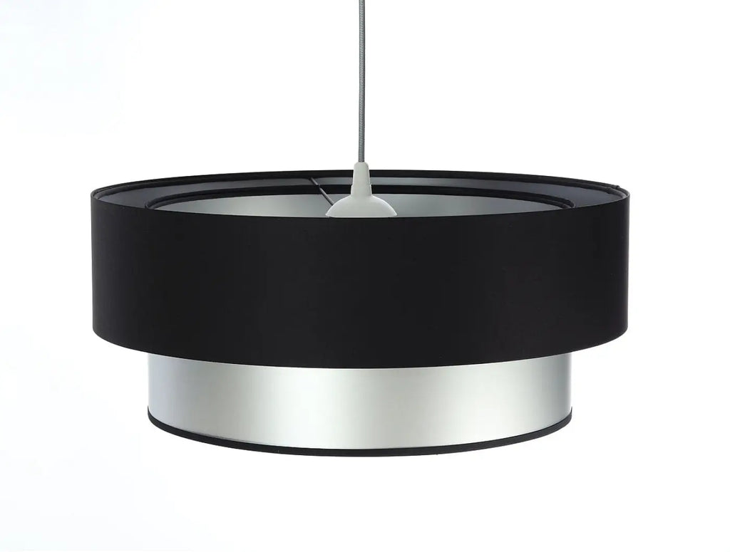 Suspension noire et argent, abat-jour cylindrique à deux niveaux