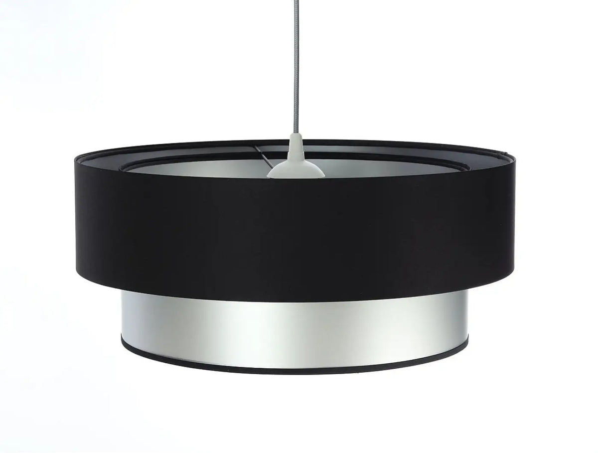 Suspension noire et argent, abat-jour cylindrique à deux niveaux