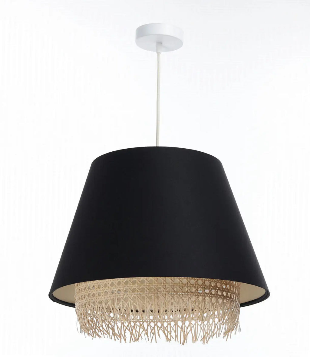 Suspension noire moderne avec abat-jour en rotin