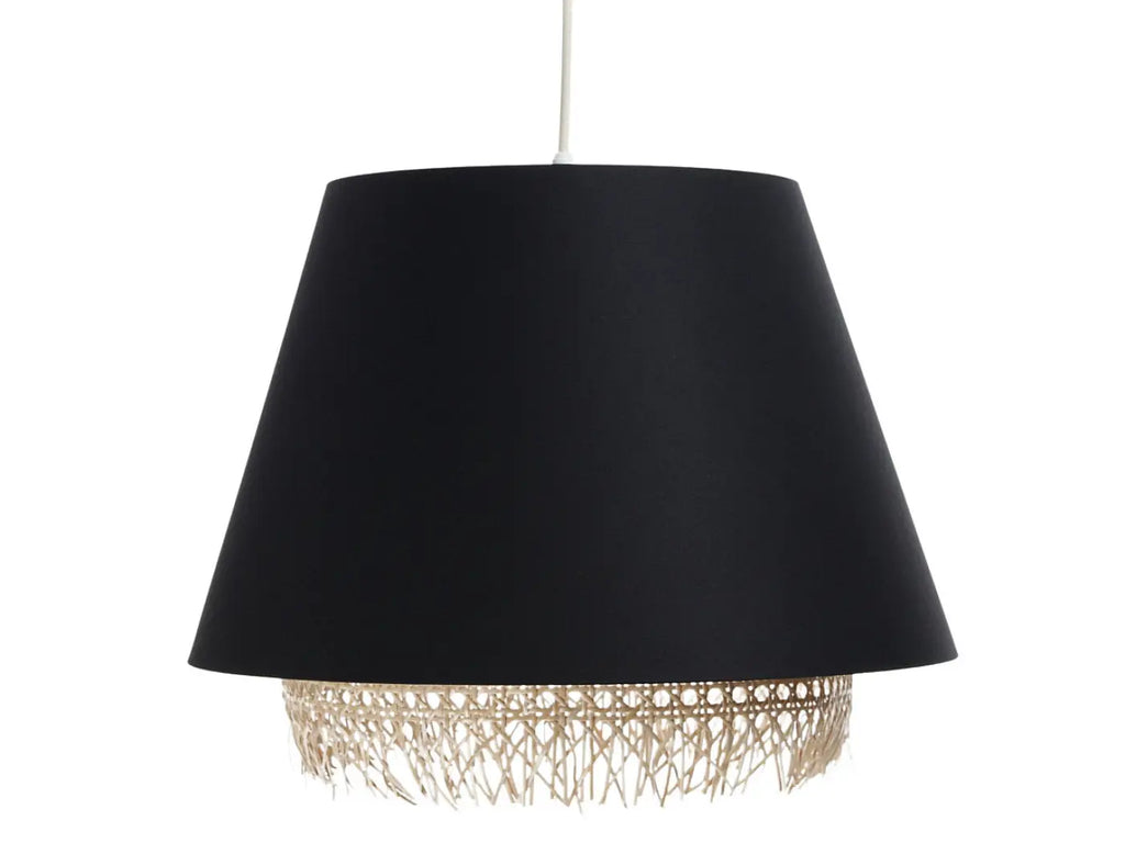Suspension noire moderne avec abat-jour en rotin