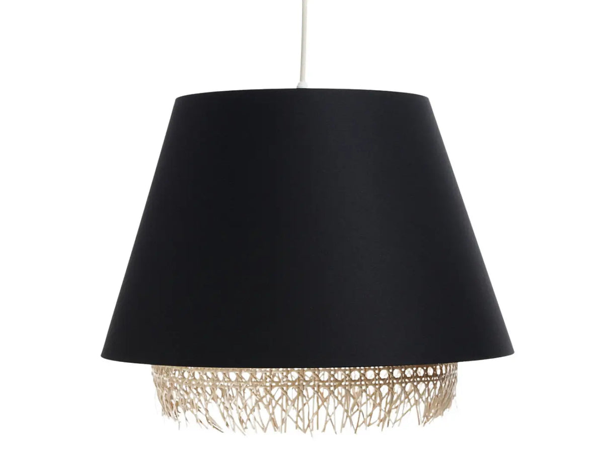 Suspension noire moderne avec abat-jour en rotin
