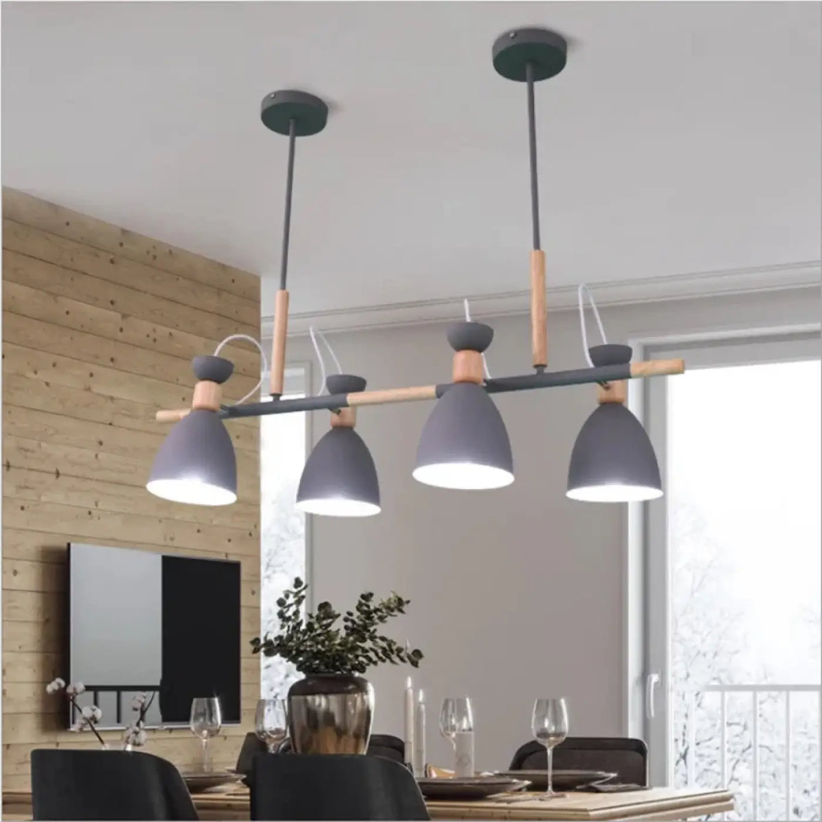 Suspension nordique à abat-jours orientables et bois clair, gris