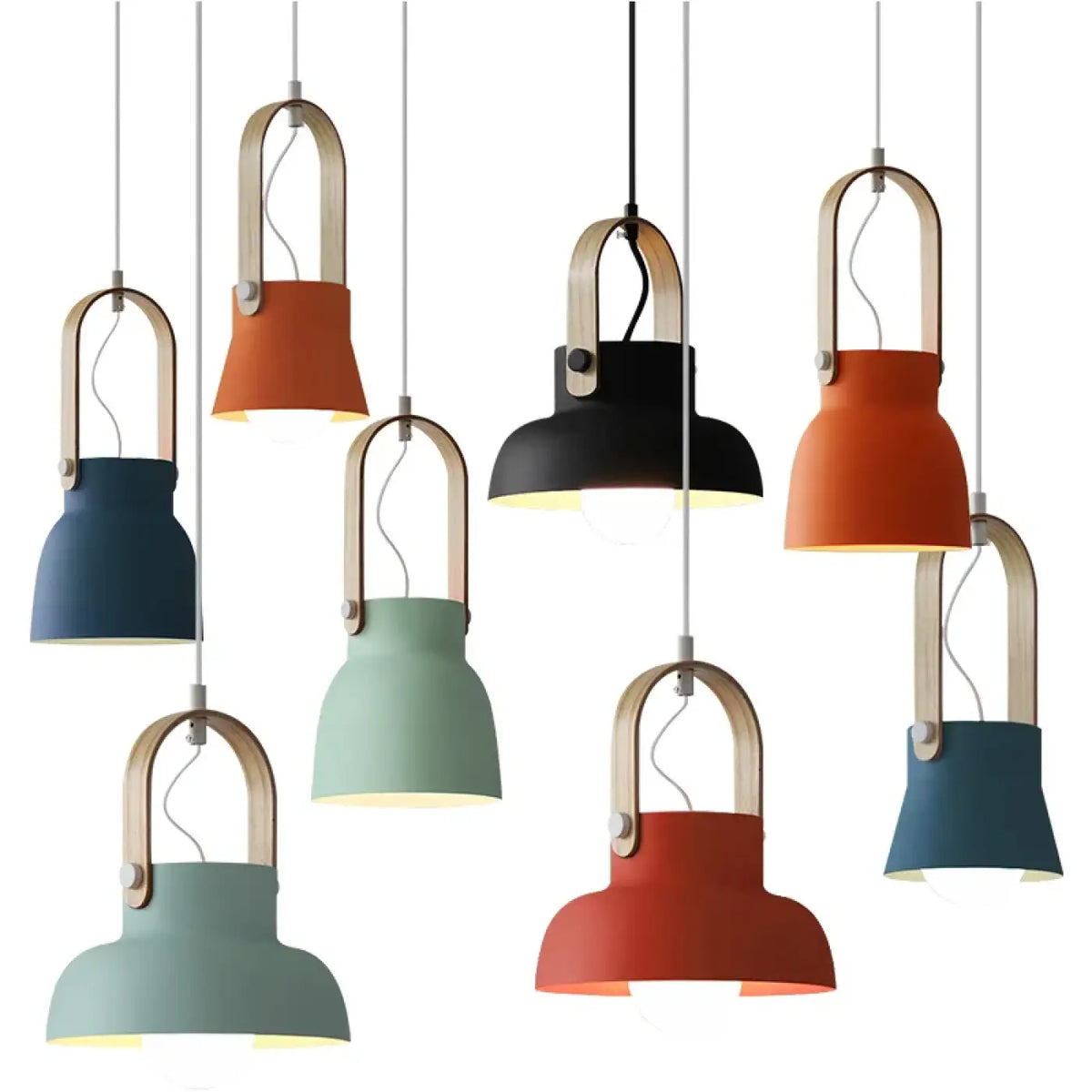 Suspension nordique avec bois, coloris bleu, orange ou gris