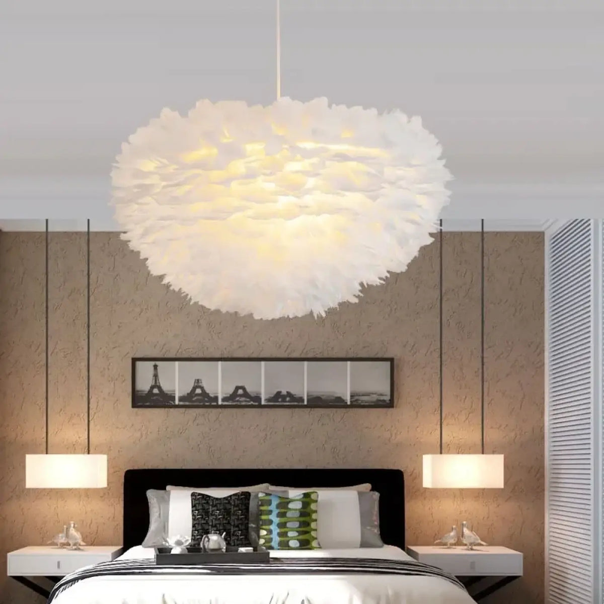 Suspension en plumes, blanc, gris, rose ou orange, blanc