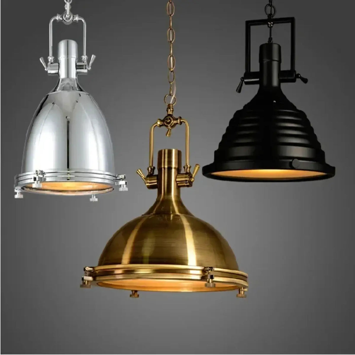 Suspension rétro industrielle, noir, doré, chrome ou bronze