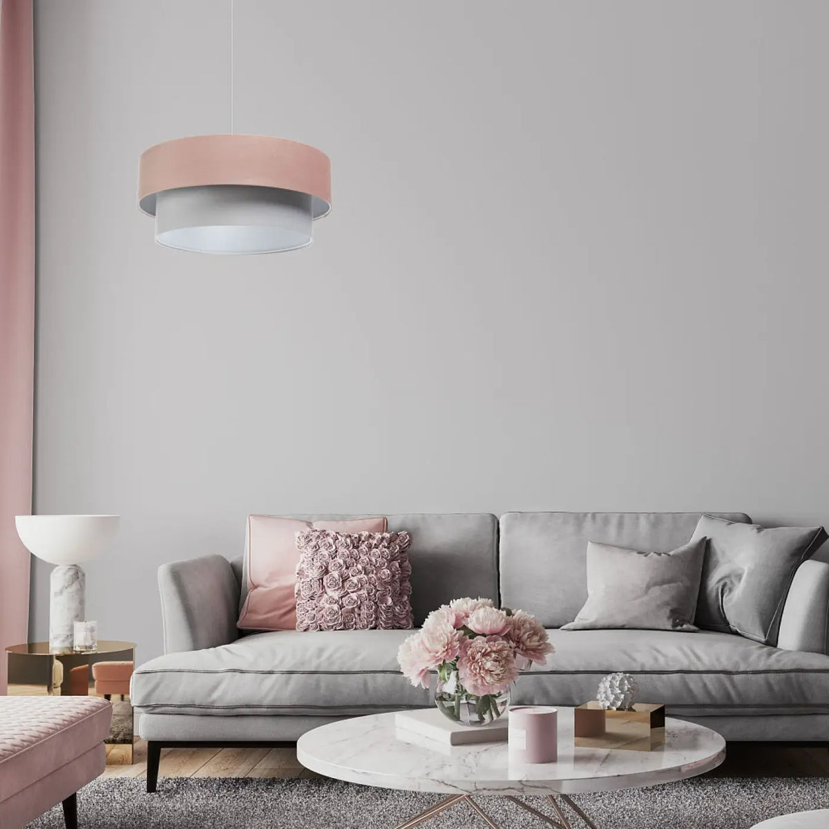 Suspension en tissu rose et gris, abat-jour à plusieurs niveaux