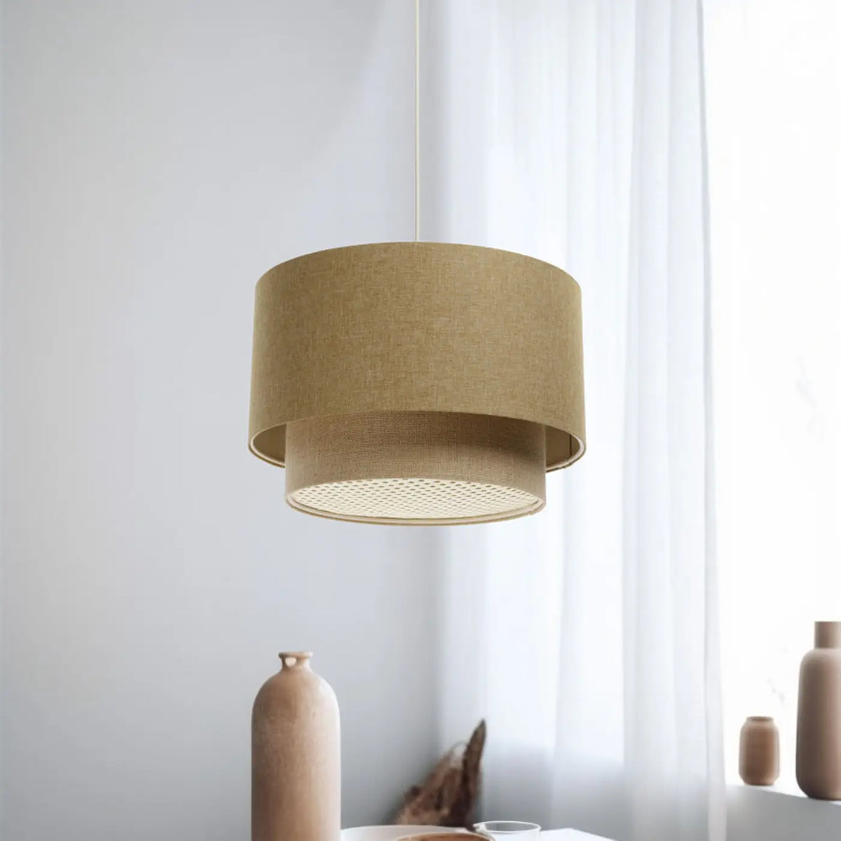 Suspension en rotin beige, abat-jour cylindrique, tailles S, M, L