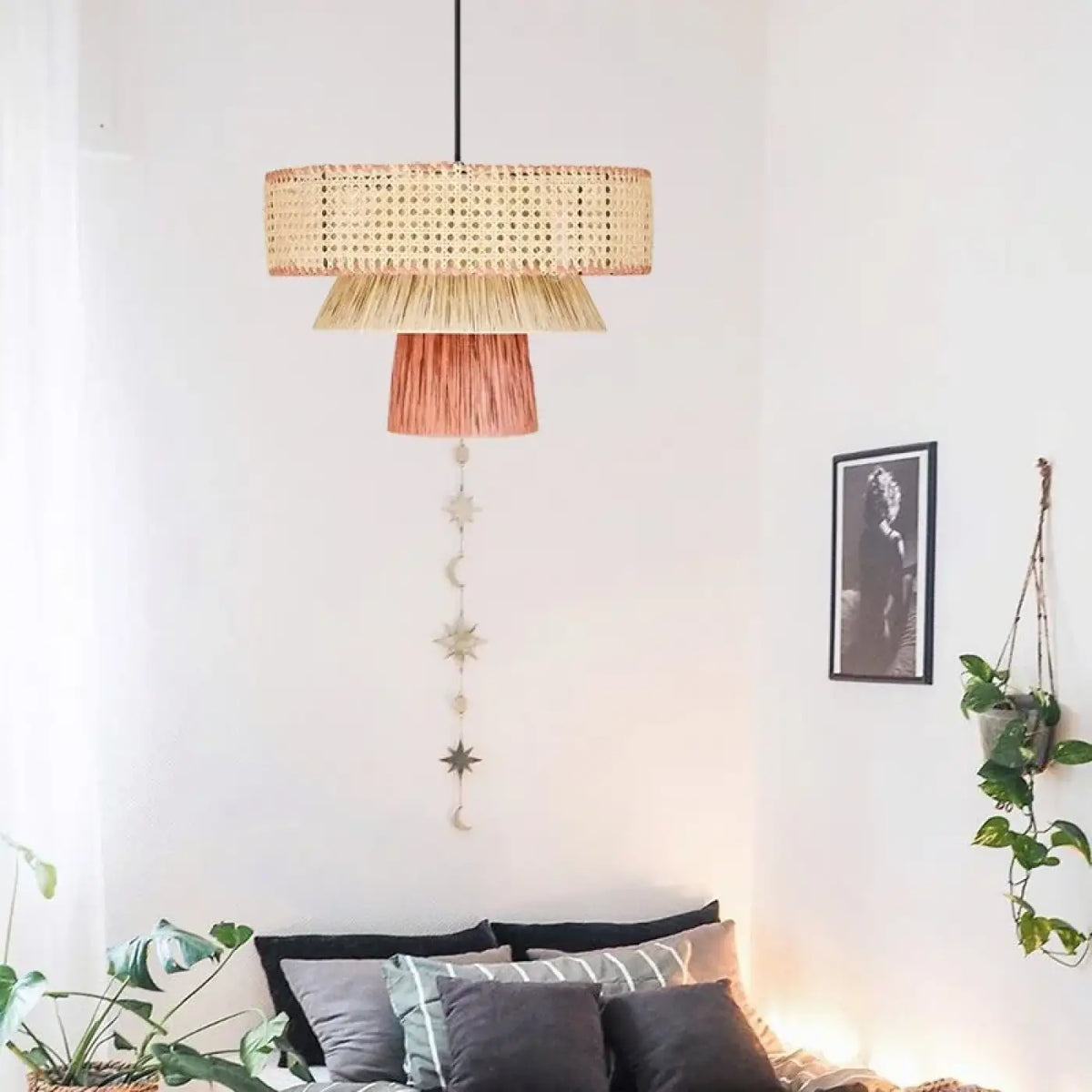 Suspension rotin tressé style nordique, noir ou rouge, 4 tailles, rouge