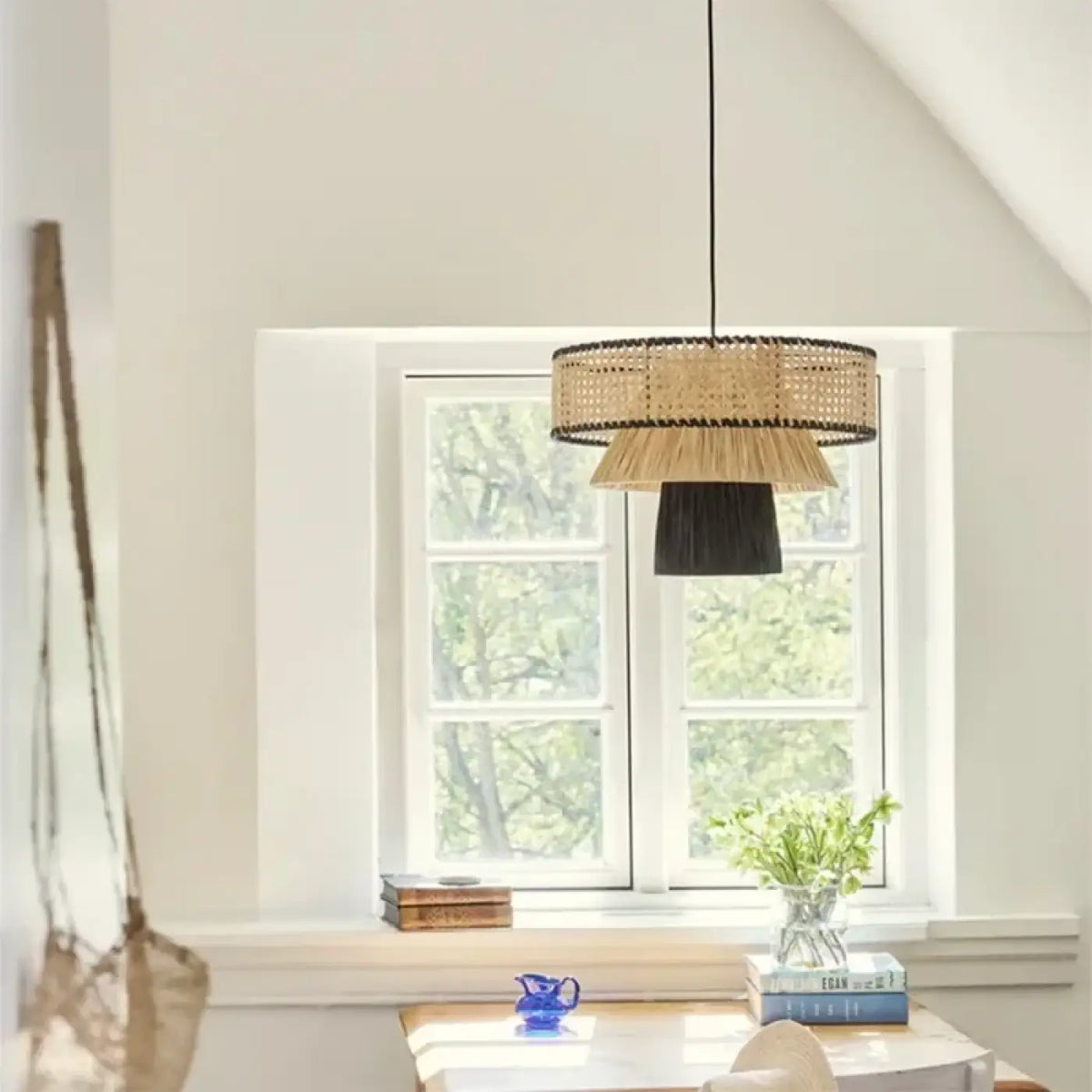 Suspension rotin tressé style nordique, noir ou rouge, 4 tailles, noir