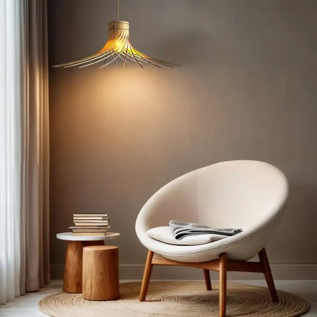 Suspension en lames de bouleau, câble en lin, quatre tailles, beige