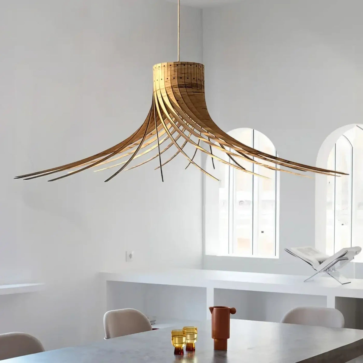 Suspension en lames de bouleau, câble en lin, quatre tailles, beige