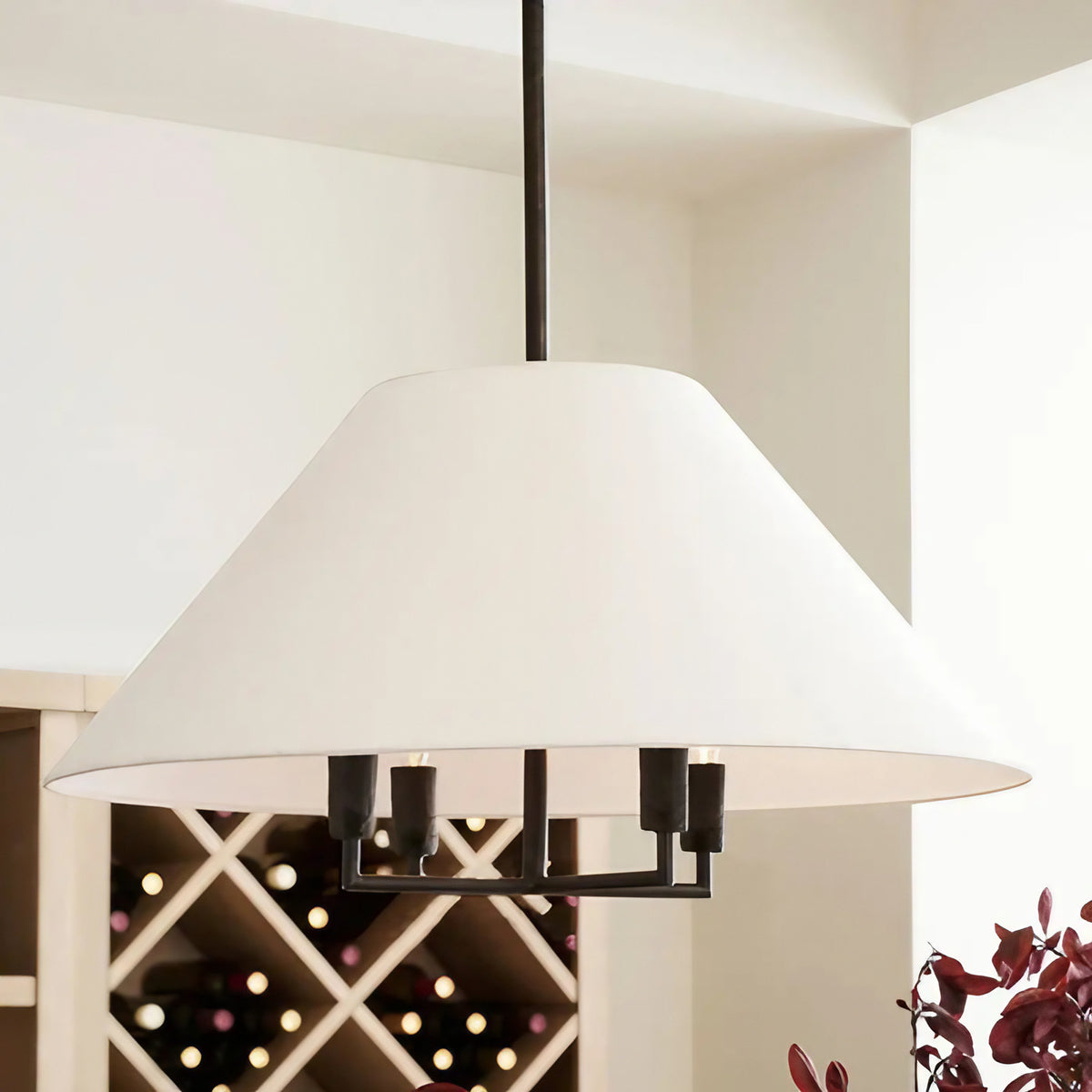 Suspension scandinave, abat-jour en tissu naturel, structure noire