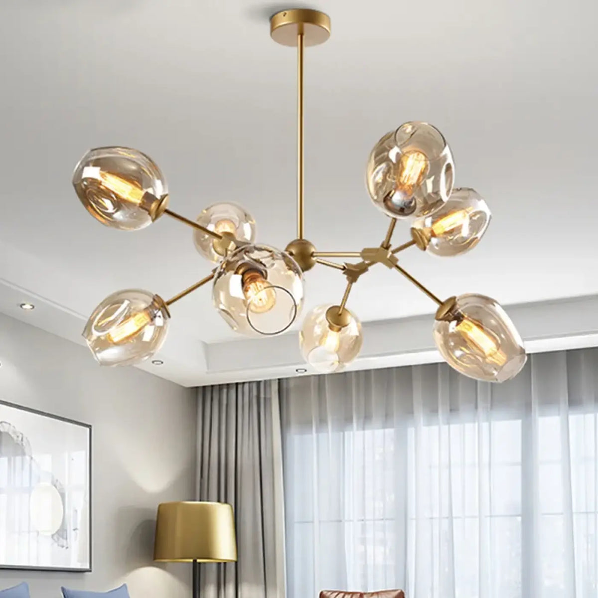 Suspension vintage à globes de verre et bras articulés, ambre