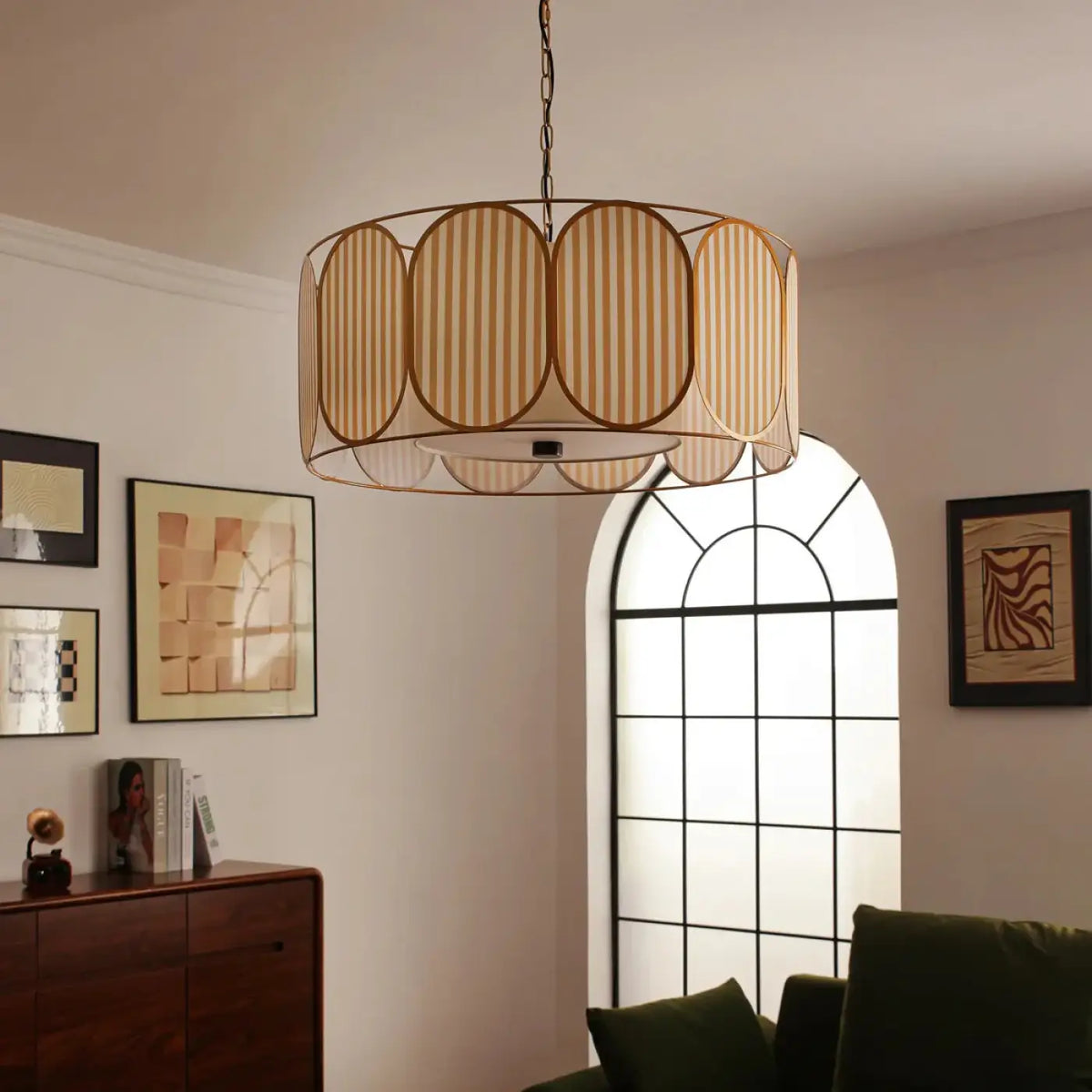 Suspension art déco striée beige et dorée, tailles S et M
