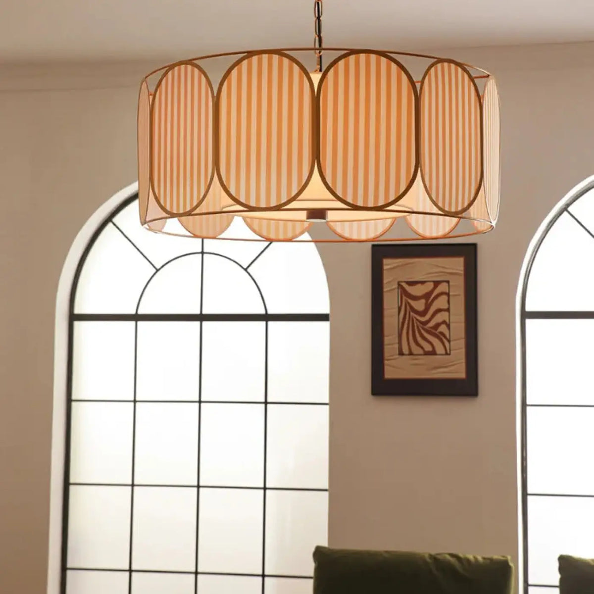 Suspension art déco striée beige et dorée, tailles S et M