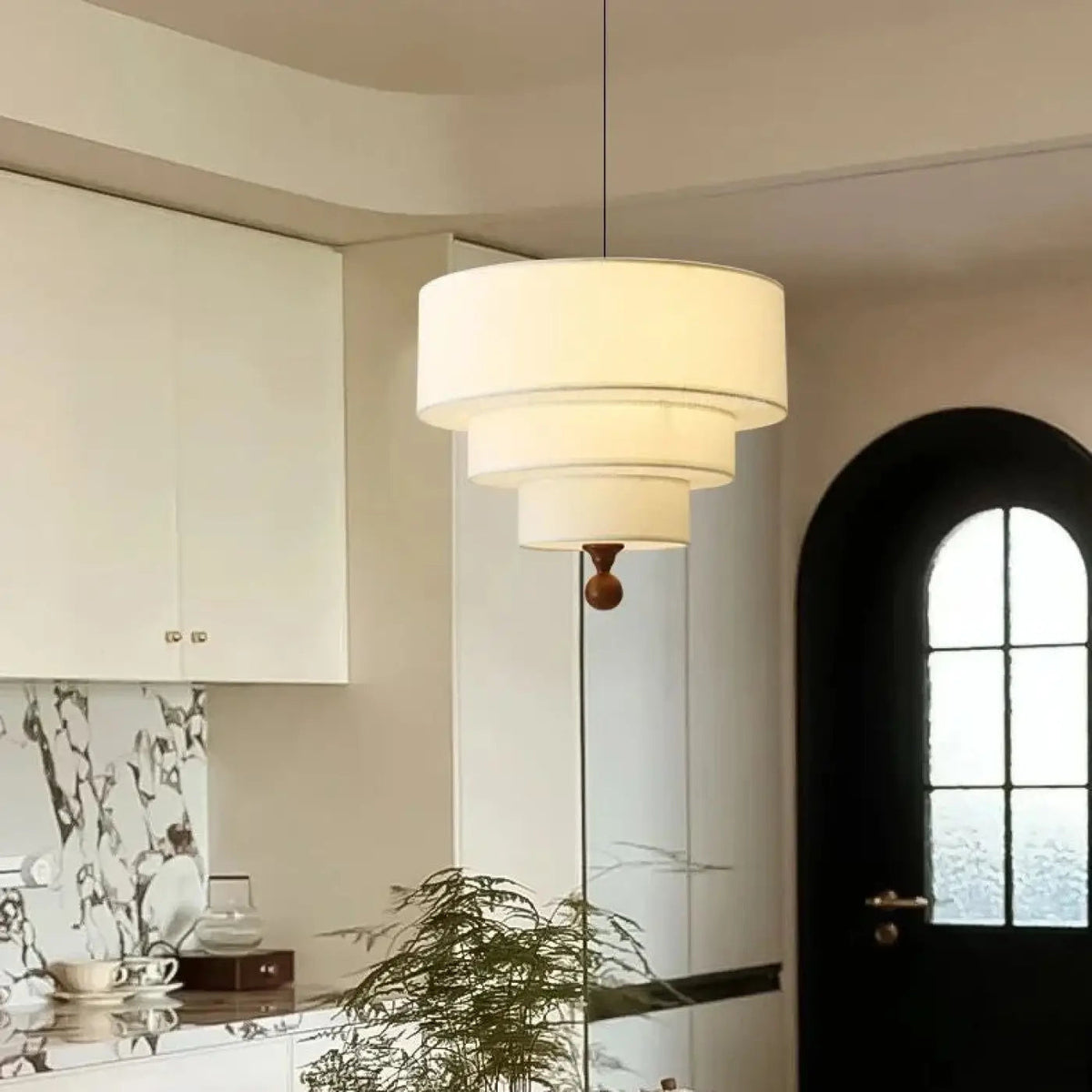 Suspension japandi en tissu et bois, blanc ou vert, S ou L