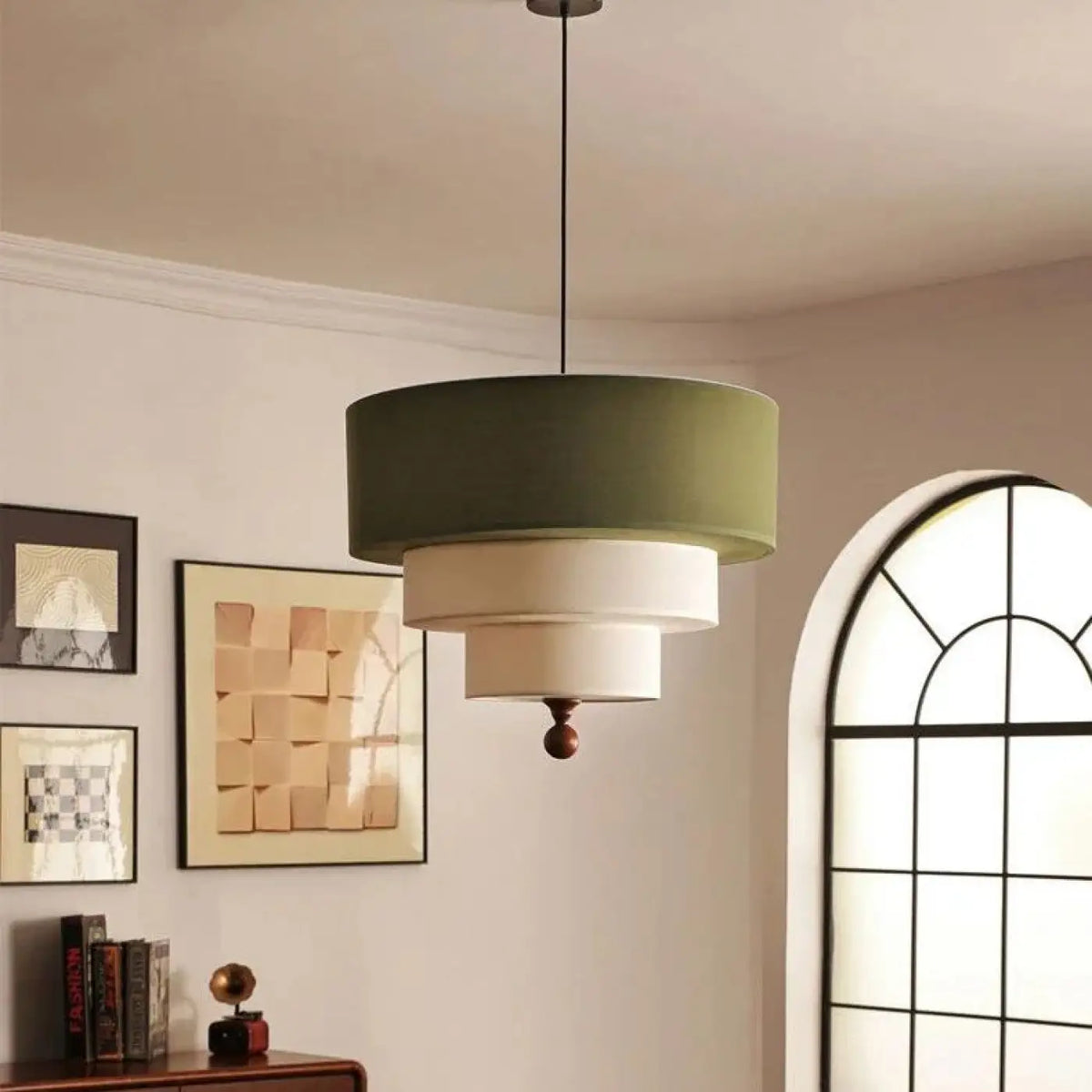 Suspension japandi en tissu et bois, blanc ou vert, S ou L, vert